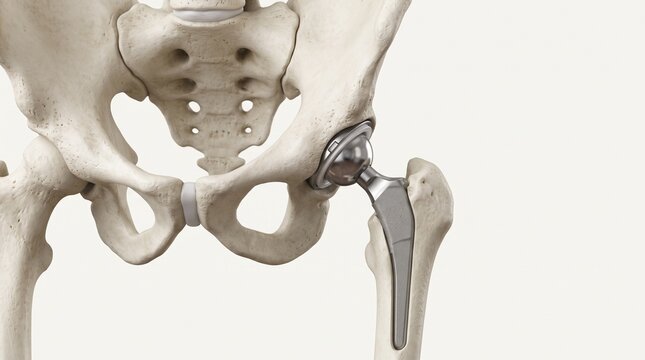 3D illustration of a titanium hip replacement implant surgery