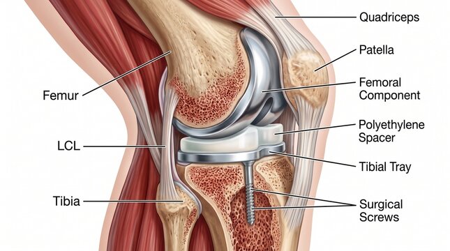 Medical illustration of total knee replacement surgery with labels