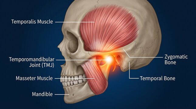 Medical illustration of human skull profile showing TMJ pain