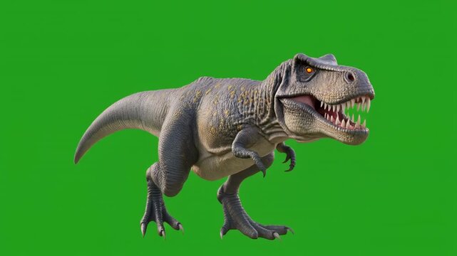 Tyrannosaurus Rex roaring and moving with cinematic motion on a green screen background