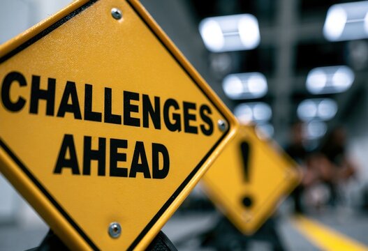 Yellow diamond-shaped road sign with black text warning of upcoming challenges