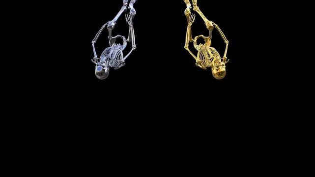 Golden and Silver Metallic Skeletons Dancing on Black Background