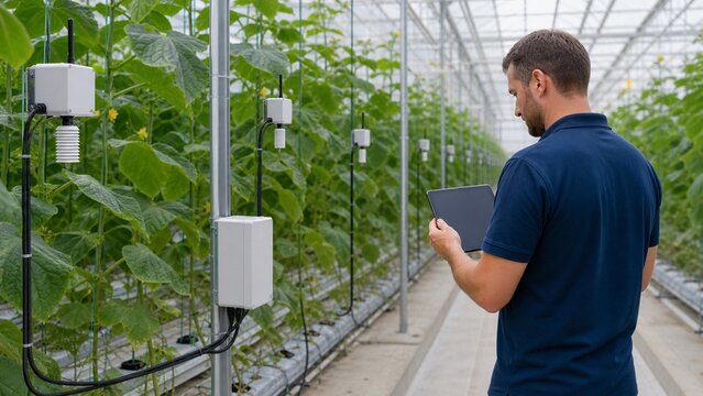Man using a digital tablet for greenhouse monitoring with wireless sensor network system
