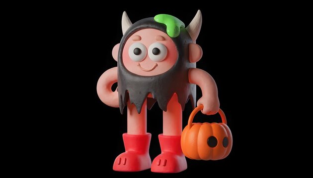 Cute 3D Clay Horned Monster Character Holding Halloween Pumpkin Basket