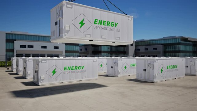 3d rendering energy storage system or battery container unit hook and lower for data center 4k footage