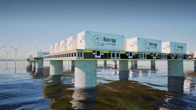 3d rendering energy storage systems with wind turbines on offshore platform 4k footage
