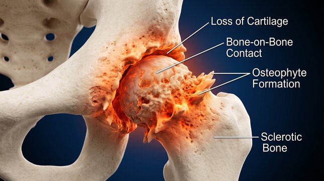 Medical illustration of osteoarthritis in the human hip joint