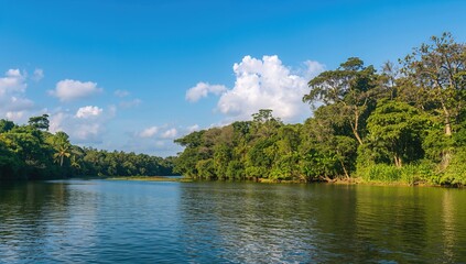 Obraz premium Lush Green Jungle River Under a Clear Blue Sky with Fluffy Clouds