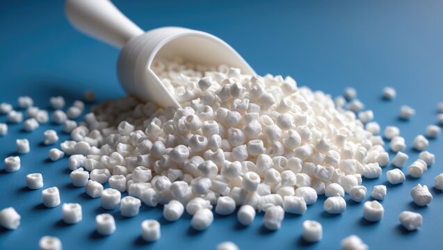 Virgin plastic polymer raw material granules, natural resin granules for industrial plastic. Isolated on blue background for design catalogue of industrial plastic manufacturing products.