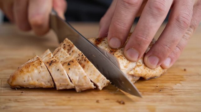 Hands slicing grilled chicken breast on a wooden cutting board. The concept highlights healthier kitchen choices and awareness of potential health risks associated with microplastic exposure.