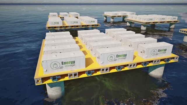 3d rendering energy storage systems on offshore platform 4k footage