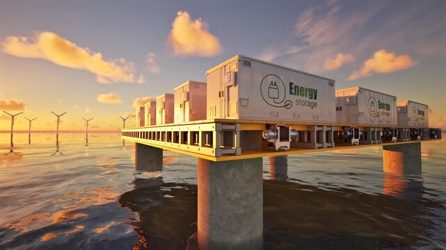 3d rendering energy storage systems with wind turbines on offshore platform 4k footage