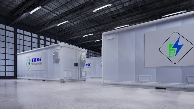 3d rendering amount of energy storage systems or battery container units in factory 4k footage