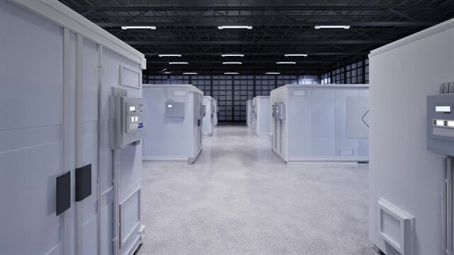 3d rendering amount of energy storage systems or battery container units in factory 4k footage