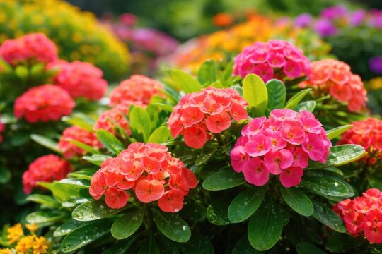 Colorful Blooming Euphorbia Flowers in a Garden with Dew Drops