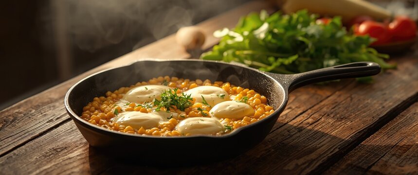 Creamy Corn Dish with Poached Eggs in a Cast Iron Pan on a Wooden Table