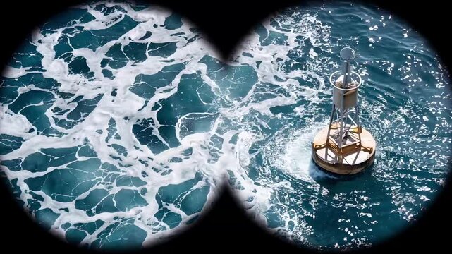 Binocular view of a navigational buoy floating in the deep blue ocean. Yellow and metal marker bobbing among crashing waves and white foam. Maritime safety and nautical observation concept