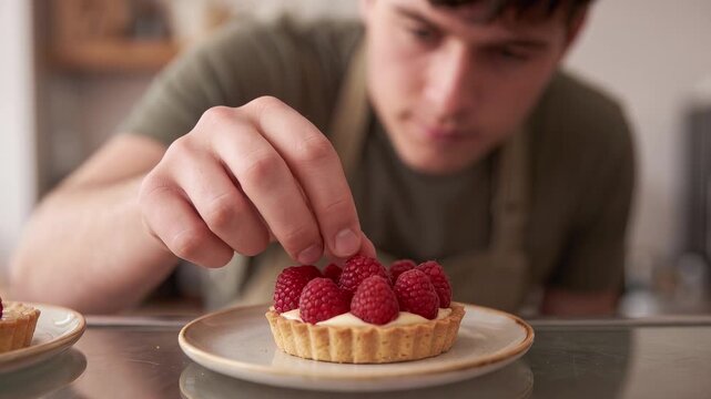 Close-up of a young male baker decorating a fruit tart. Professional pastry chef carefully placing fresh raspberries on a dessert in a bakery kitchen