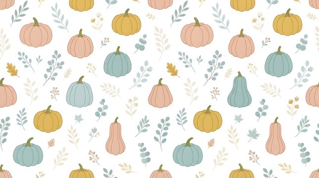 Seamless pattern with pastel pumpkins and autumn leaves isolated on white background