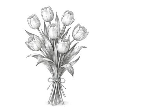 Bouquet of Tulips Wrapped in Ribbon on White Background