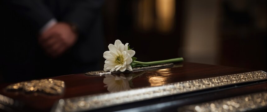 White Flower Laid on a Wooden Casket During a Memorial Service