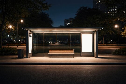 Modern Bus Stop at Night with Empty Bench and Street Lights