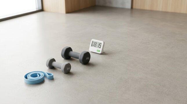 Minimalist arrangement of fitness equipment featuring a blue resistance band, 2kg and 4kg dumbbells, and a digital timer on a smooth grey floor in a bright indoor home gym studio.