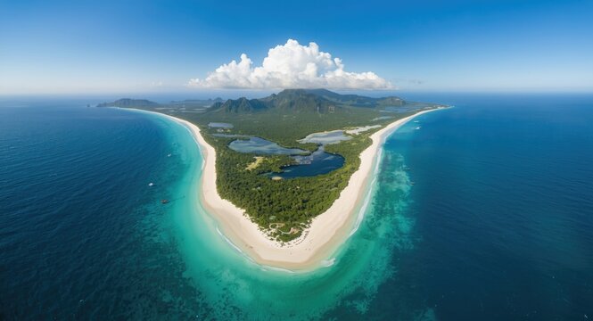 Aerial View of Tropical Island Surrounded by Clear Blue Water on Sunny Day