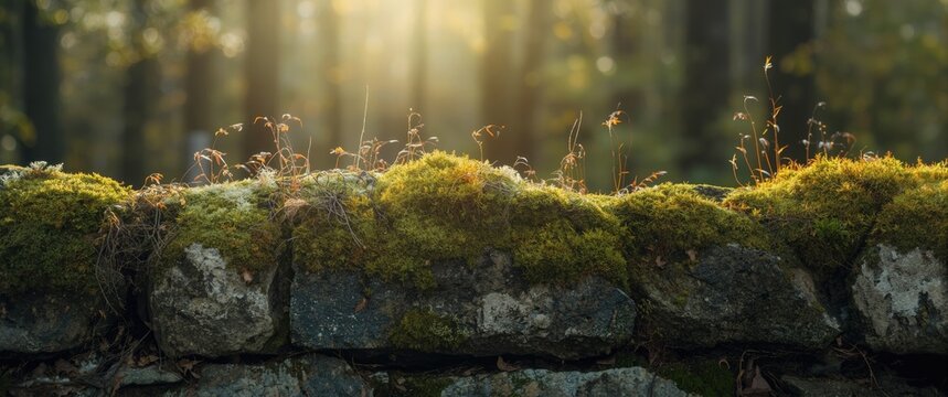 Moss Covered Stone Wall with Sunlight Filtering Through Trees in a Forest