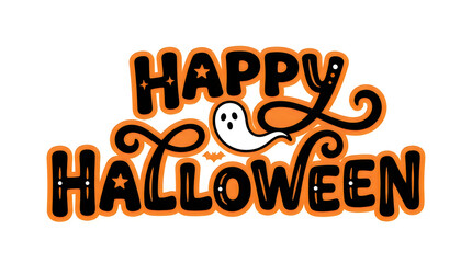 Happy Halloween typography design with cute ghost illustration for holiday greeting cards © MD ACHADUL ISLAM