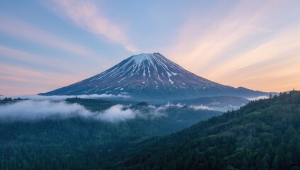 Fototapeta premium Majestic Mount Fuji Landscape at Sunrise with Cloud Cover and Forest Greens