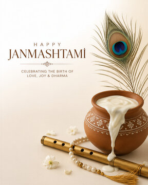 Creative Janmashtami social media post with Krishna flute and peacock feather