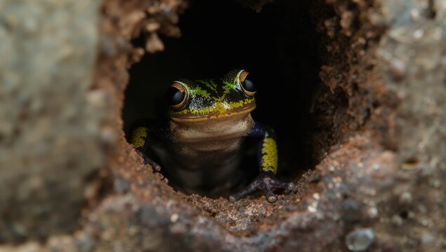 Frog Peeking Out from a Hole in a Rock with Natural Lighting