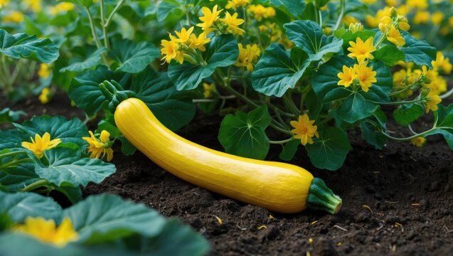 Yellow Squash Growing Among Green Leaves and Yellow Flowers in Soil