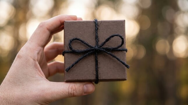 Hand holding a small brown gift box tied with black twine outdoors