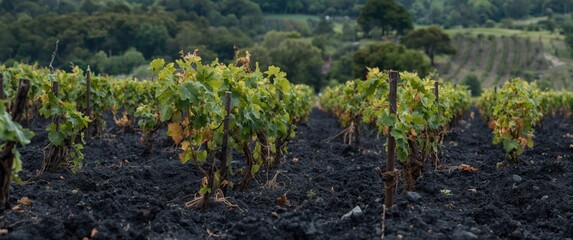 Naklejka premium Vineyard Rows with Green Grapevines Against a Dull Background in Late Autumn