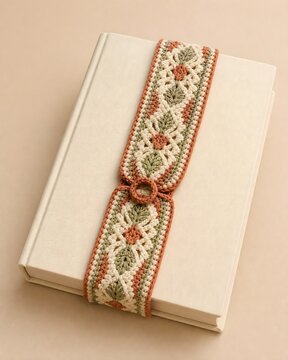 Elegant handcrafted crochet bookmark with boho geometric pattern wrapped around a hardcover notebook, aesthetic reading accessory concept for book lovers