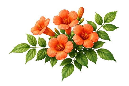 Orange Hibiscus Flowers with Green Leaves on White Background