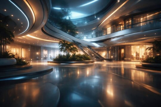 Futuristic Lobby Interior with Modern Design and Ambient Lighting