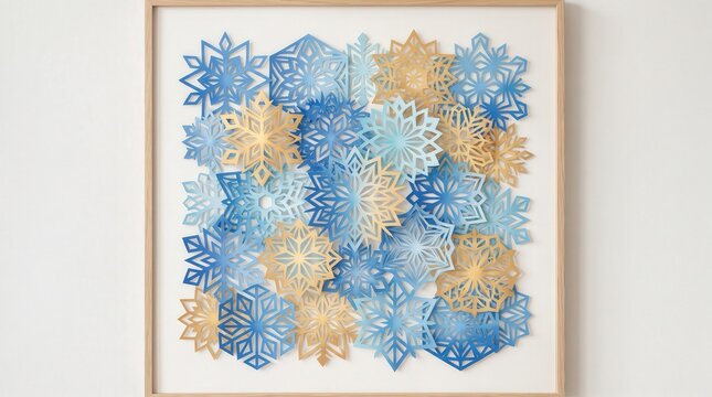 Winter Snowflake Paper Cutout Art Display in Wooden Frame