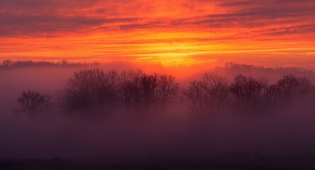 Fototapeta premium Misty Sunrise with Silhouetted Trees and Vibrant Sky Colors