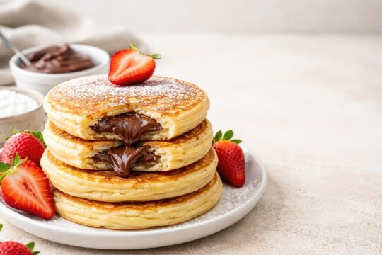 Delicious Stack of Fluffy Pancakes with Nutella and Fresh Strawberries on a Plate