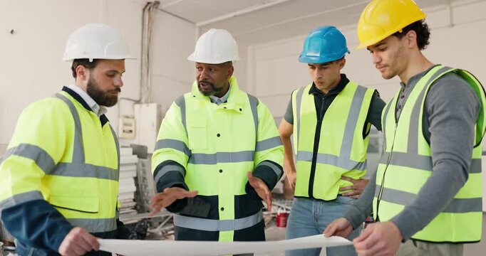Engineer, blueprint and foreman with men planning on construction site, project and teamwork. Civil engineering, floor plan or talk for renovation, diversity and architecture for building development