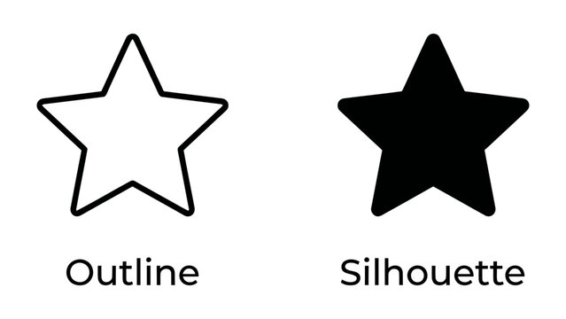 Star icon comparison: Two star icons, one outlined and one solid silhouette, are displayed side-by-side, illustrating the difference between an outline and a filled shape.