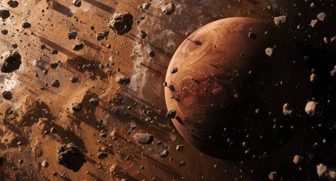 Mars Planet Surrounded by Asteroids in a Dramatic Space Scene
