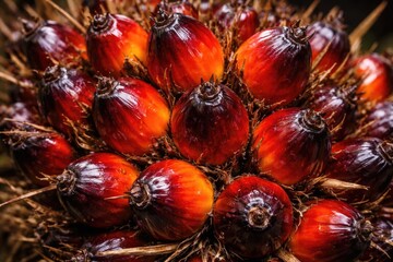 Fototapeta premium Ripening Palm Oil Fruit Cluster Closeup with Textured Background