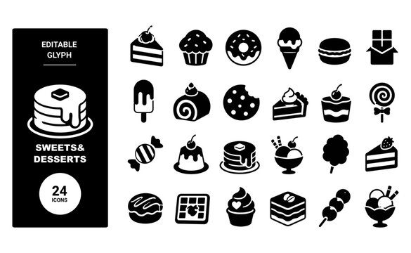 Editable glyph icon set for sweets and desserts, cakes, pastries, donu