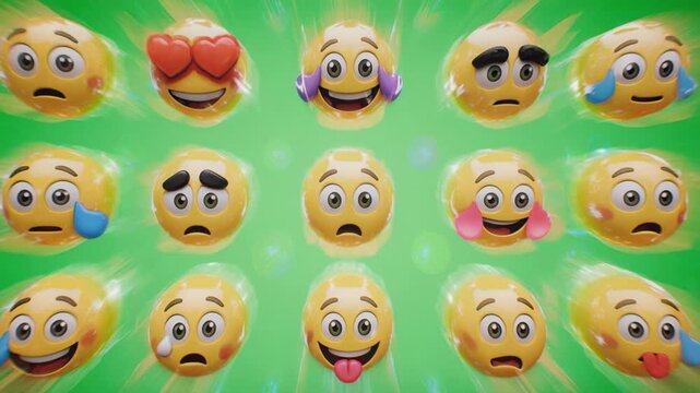 Vibrant animated emojis in a repeating pattern with subtle camera movement and soft lighting