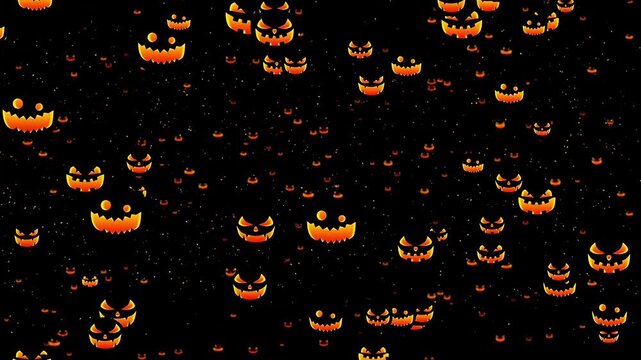 Spooky glowing Halloween pumpkin faces on black background