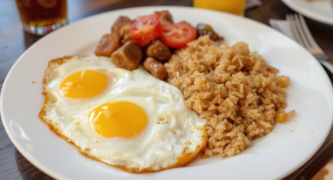 Fried Eggs with Rice and Sausage Accompanied by Sliced Tomatoes on a Plate